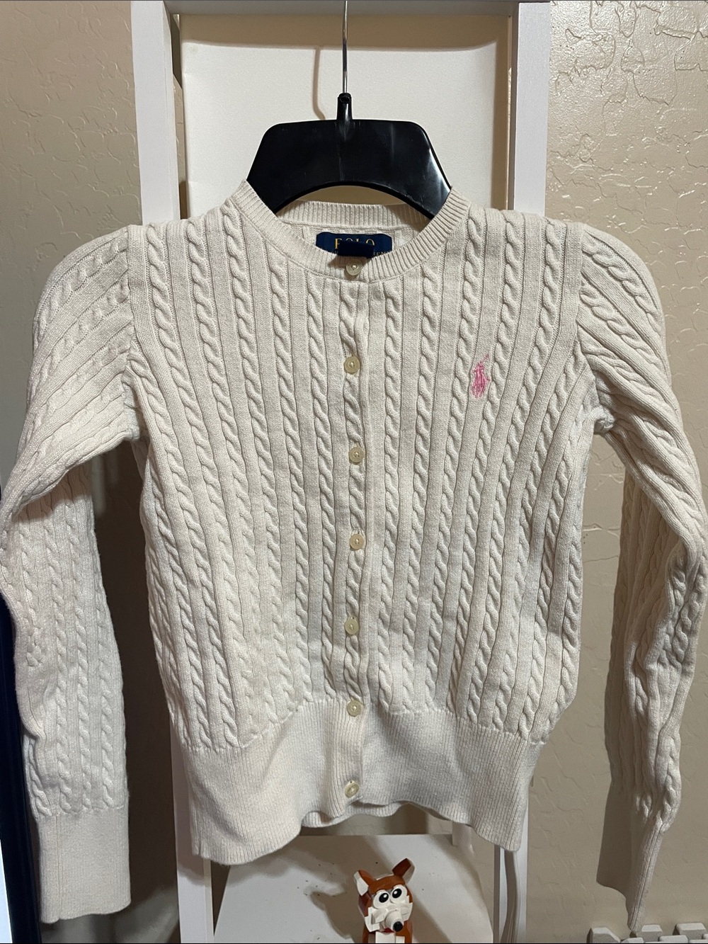 Polo by Ralph Lauren Cream Cable Knit Cardigan with Pink Pony